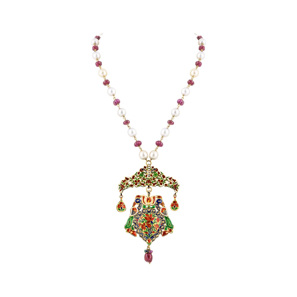 Peacock Polki Pendant Necklace with Rubies, Green Talaf & Southsea Pearls